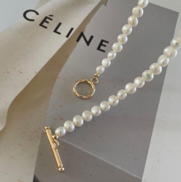Natural Clasp freshwater gold pearls plain Classic Pearl Necklace 42cm