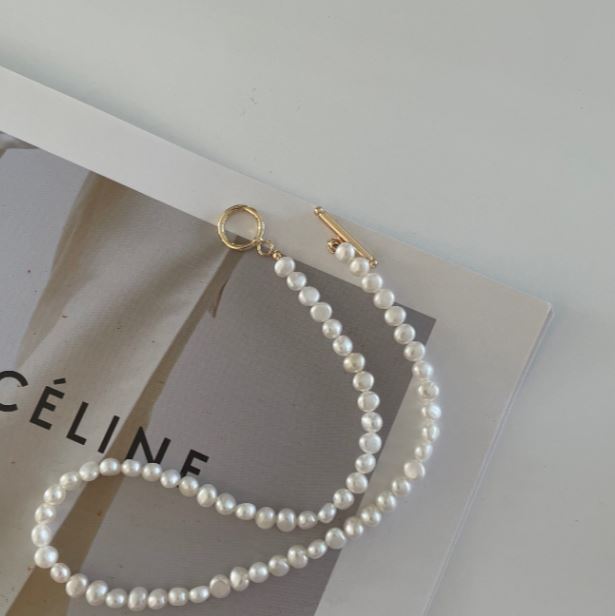 Natural Clasp freshwater gold pearls plain Classic Pearl Necklace 42cm