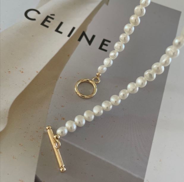 Natural Clasp freshwater gold pearls plain Classic Pearl Necklace 42cm