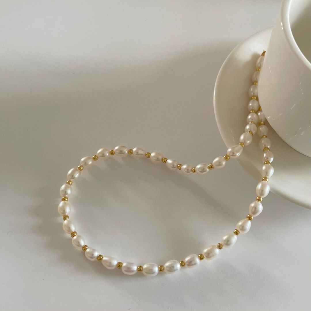 Elegant Rice Shape Ball Pearl Gold Filled Natural Freshwaters Necklace