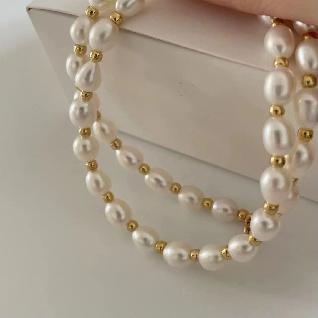 Elegant Rice Shape Ball Pearl Gold Filled Natural Freshwaters Necklace