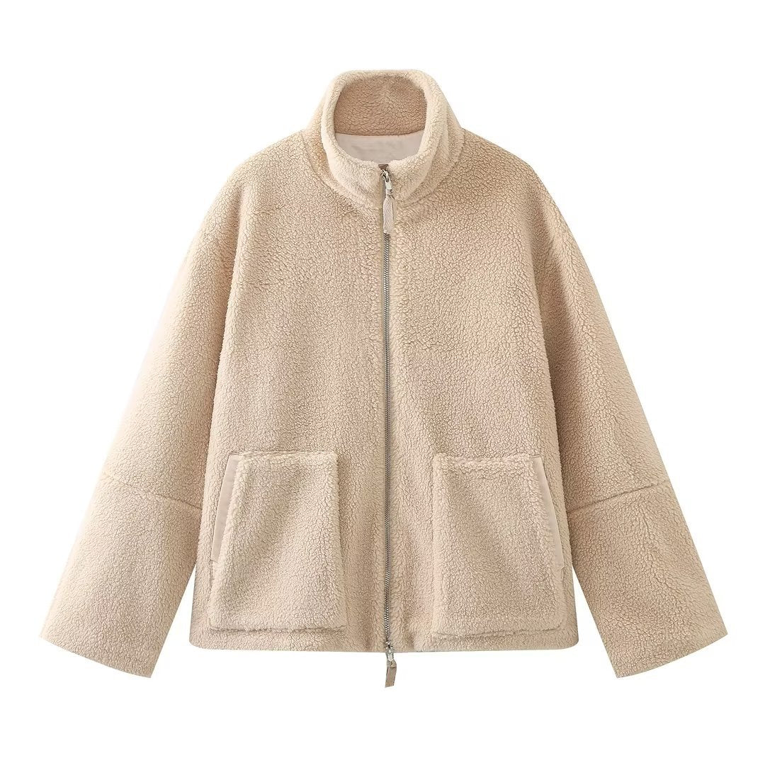 New women's solid color lamb wool turtleneck coat
