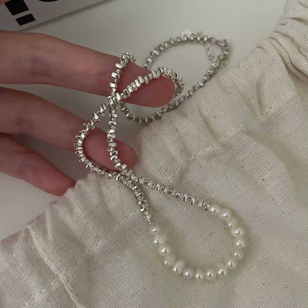 Silver Beaded Chain Necklace Irregular Bead Women Necklace Silver Girl