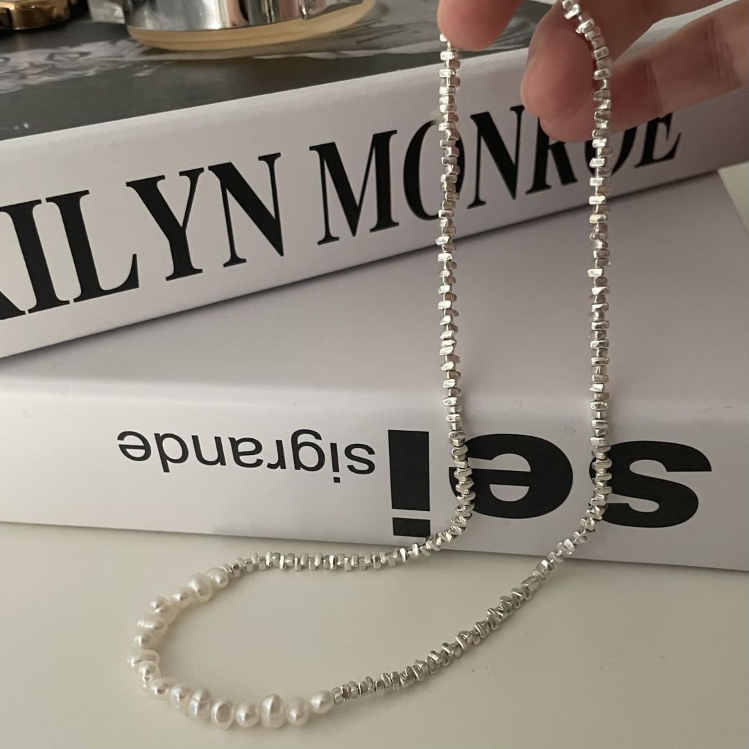 Silver Beaded Chain Necklace Irregular Bead Women Necklace Silver Girl