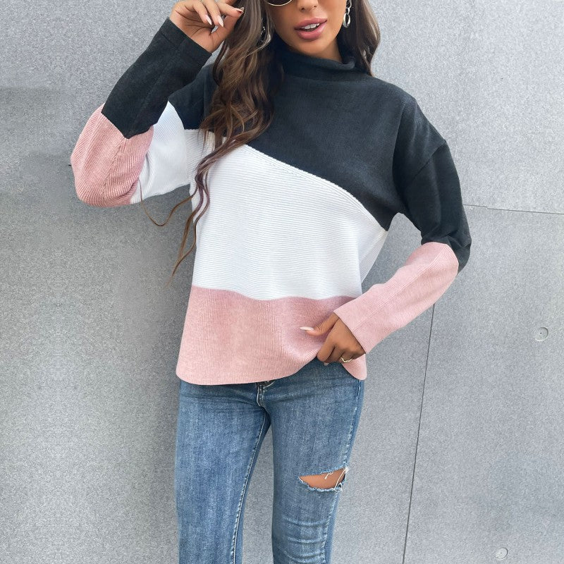 New women's knitted patchwork color semi-turtleneck long-sleeved sweater
