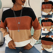 Striped color contrast long sleeve crew-neck knit sweater