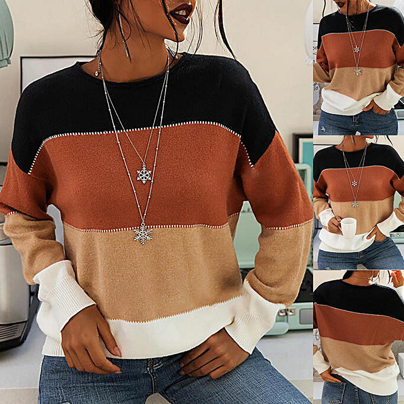 Striped color contrast long sleeve crew-neck knit sweater