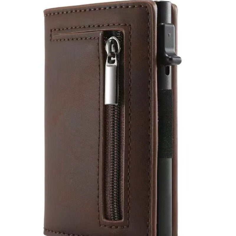 New leather men's wallet automatically pops out the credit card box ultra-thin RFID anti-theft swipe card case metal sleeve