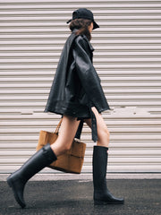 Classic 70's black loose locomotive leather jacket PU leather coat