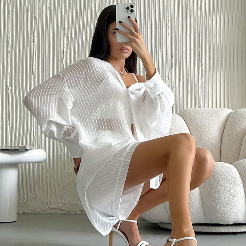 New women's fashion casual suit long sleeve cardigan shorts wide leg pants two-piece set loose and comfortable