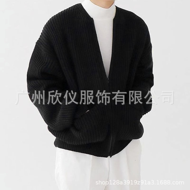 New fashion trend in autumn and winter tide knitted cardigan men's solid color sweater loose casual lazy wind