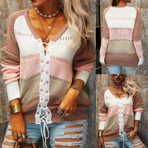 New cardigan strap sweater long sleeve color patchwork women's coat