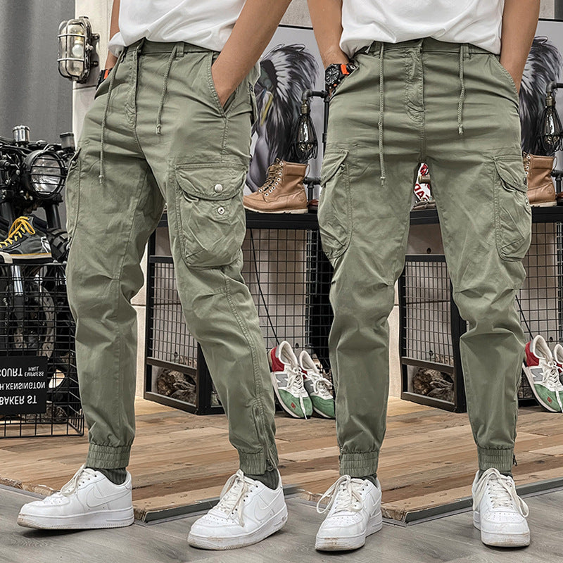 Spring and summer thin American retro overalls men's multi-pocket pants fashion with loose bunches of foot pants large size pants