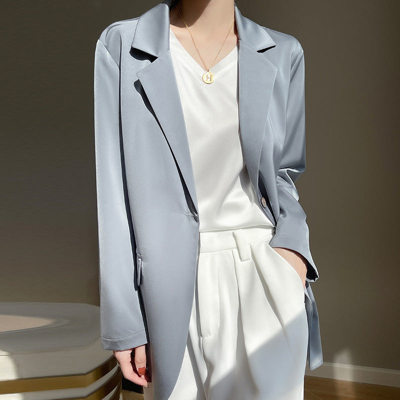 Spring and autumn new silk acetate satin medium length white suit woman a button long sleeve jacket