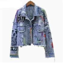 Dreamland denim jacket for women preppy slim lapel with embroidered flowers set with drill holes denim