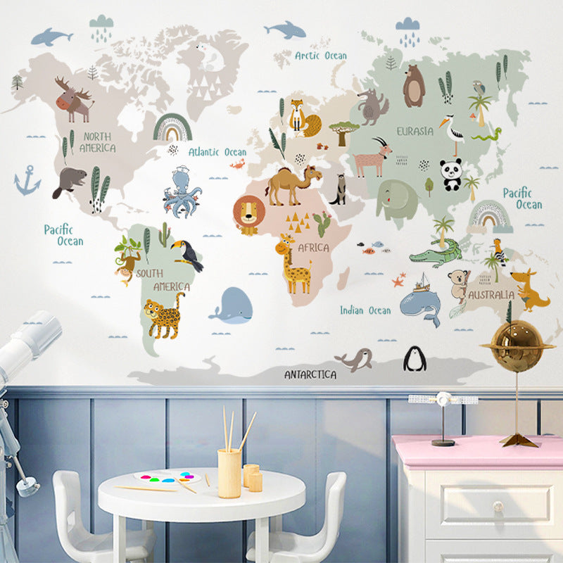 Educational Animal World Map Picture Children Poster Nursery Wall