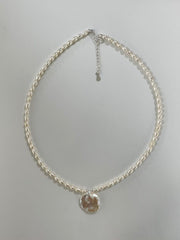 Stunning White and silver Ammonite Quartz Silver Pearl accent Necklace