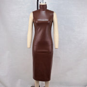 Women's turtleneck PU leather sleeveless waist pack hip slit dress