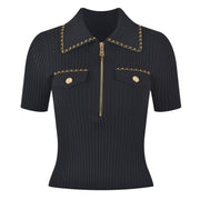 Black zip-up lapel gold buckle chain short sleeve T-shirt knitwear