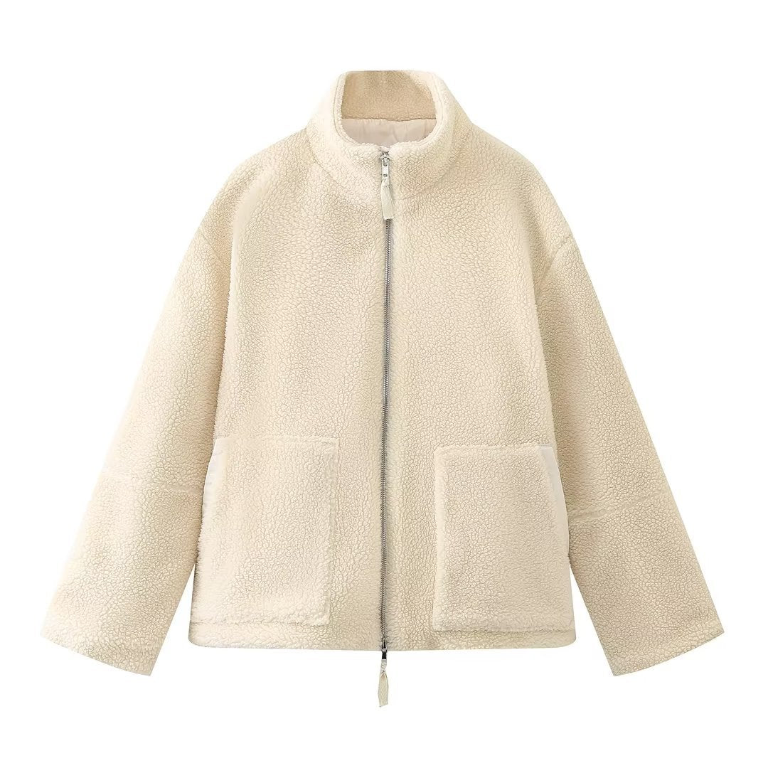 New women's solid color lamb wool turtleneck coat