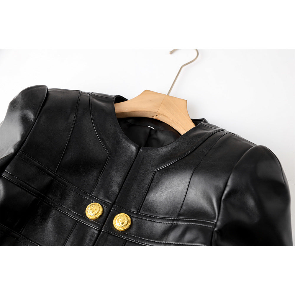 PU leather splicing small round neck shoulder pad cardigan small coat top temperament small jacket