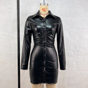 Autumn and winter new women's pleated slim single-ed high-quality soft leather long-sleeved dress