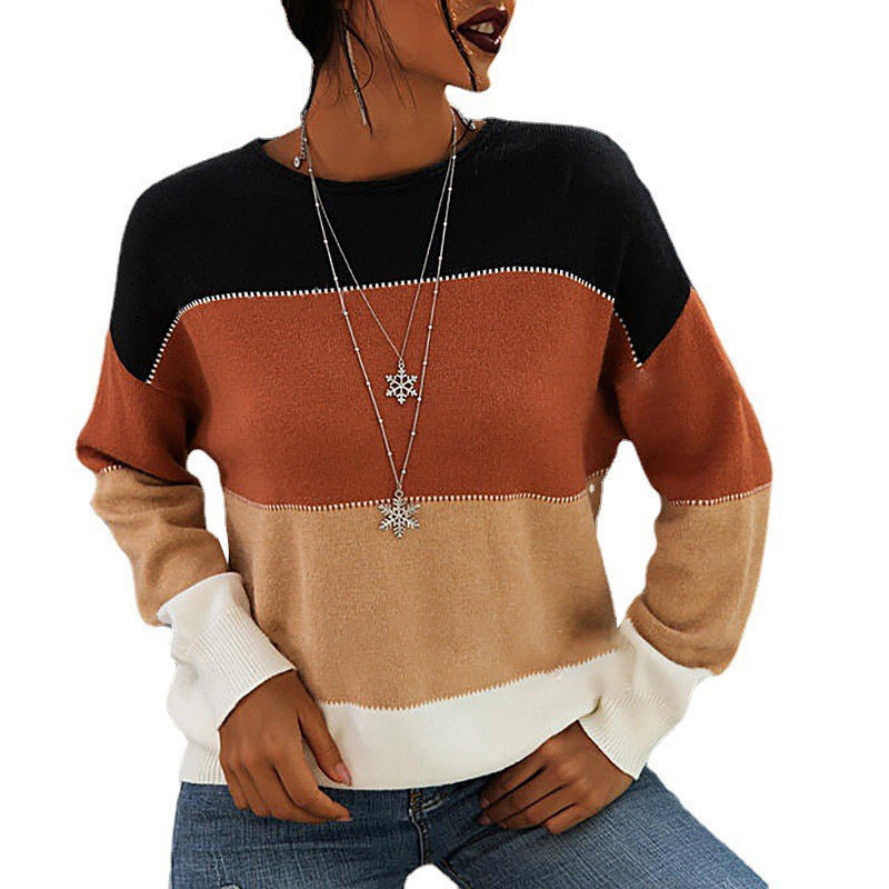 Striped color contrast long sleeve crew-neck knit sweater