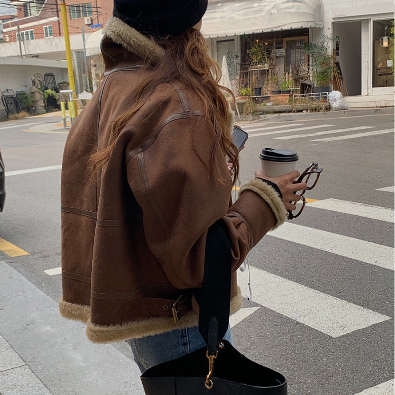 New lambkin fur coat female thickened warm short loose biker jacket