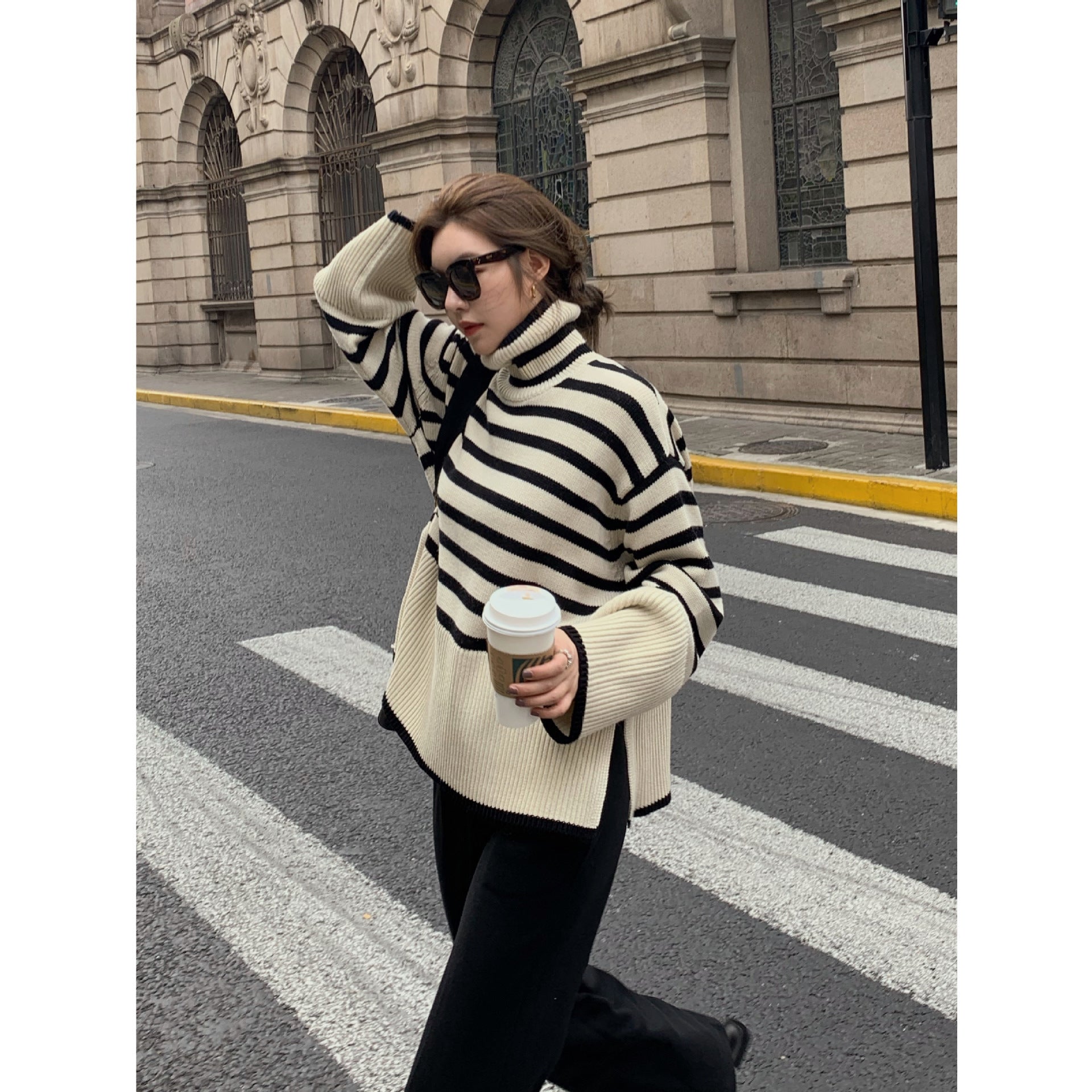 Retro casual turtleneck striped loose sweater with warm knit top