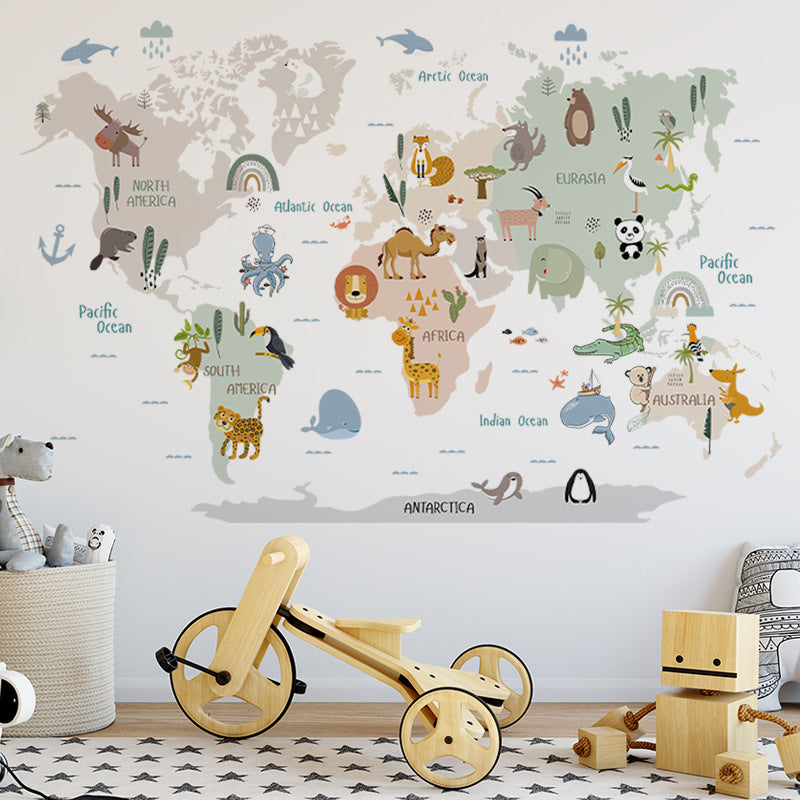 Educational Animal World Map Picture Children Poster Nursery Wall