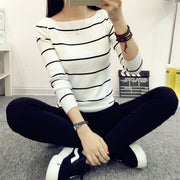 New long-sleeved pullover slim knit striped style