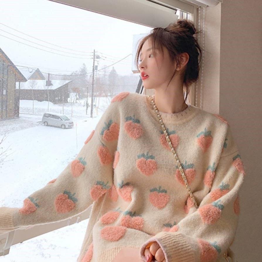 Strawberry sweater crewneck long-sleeved pullover gentle knitted sweater