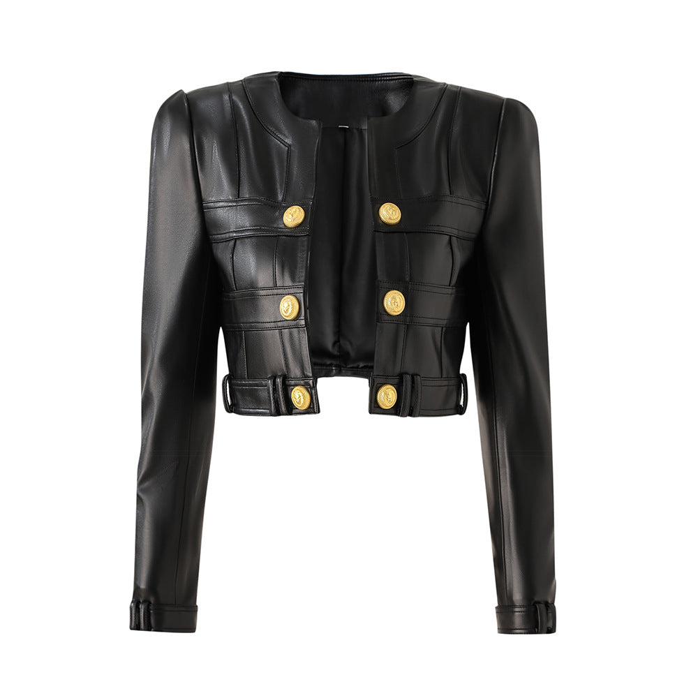 PU leather splicing small round neck shoulder pad cardigan small coat top temperament small jacket