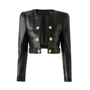 PU leather splicing small round neck shoulder pad cardigan small coat top temperament small jacket