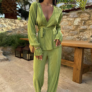 Summer Fashion Solid Color Pleated 2 Piece Set