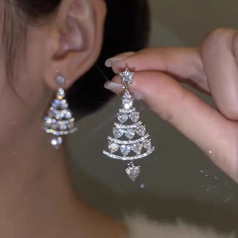 Christmas atmosphere studded with diamond Christmas tree earrings niche fashion girl heart cute earrings accessories