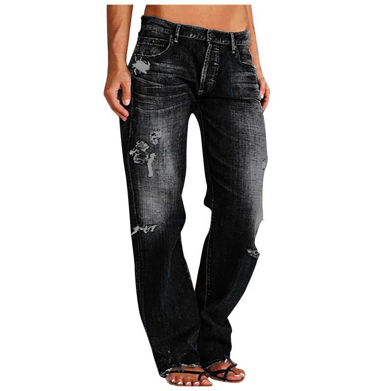 Women's denim pants trend mid-waist ripped casual straight-leg pants