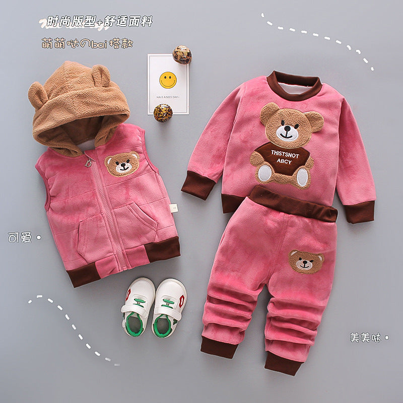 Children's winter new version cartoon velvet bear three-piece autumn and winter clothing for girls and boys