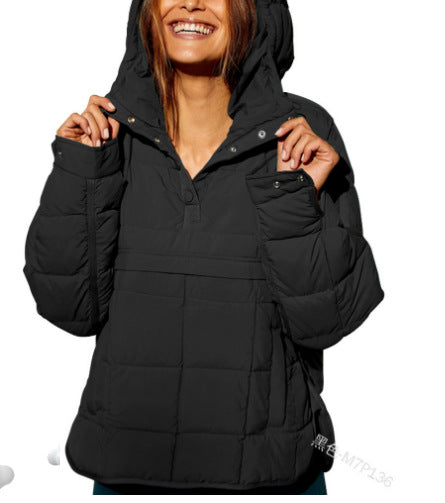 Casual fashion solid color cotton clothes loose women's long-sleeved pullover hooded round hem top