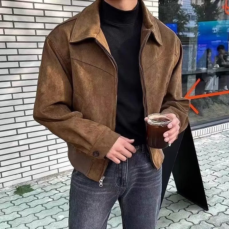 Maillard wore American antique brown coffee suede coat men's spring and autumn vintage short flight jacket