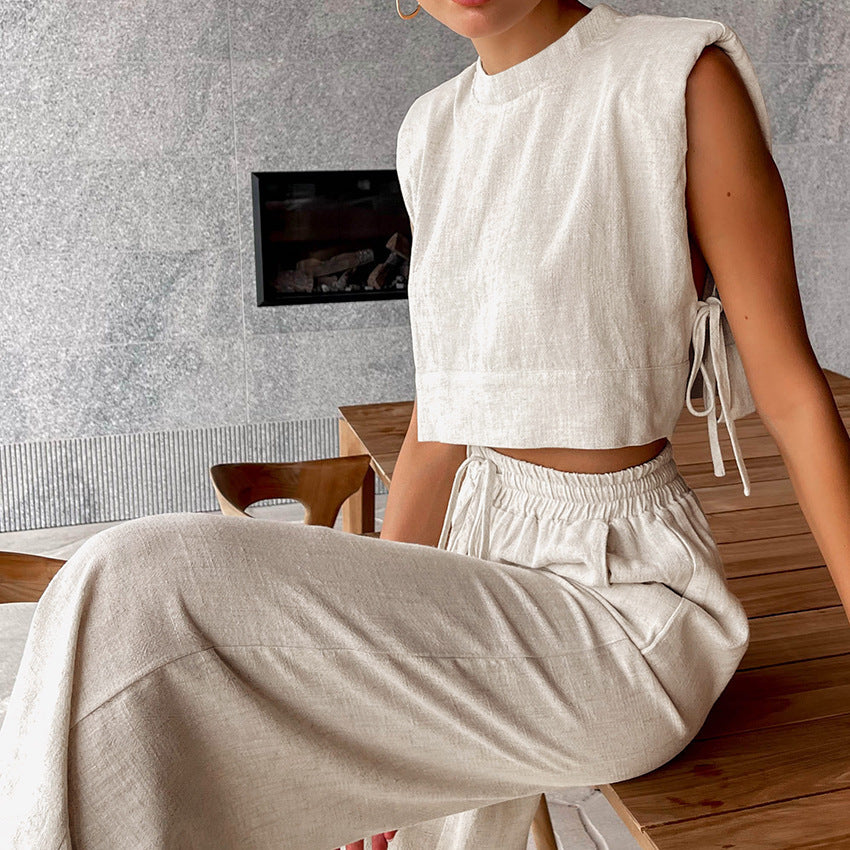 New sleeveless blouse and trousers two-piece set of casual fashion cotton linen women's wear