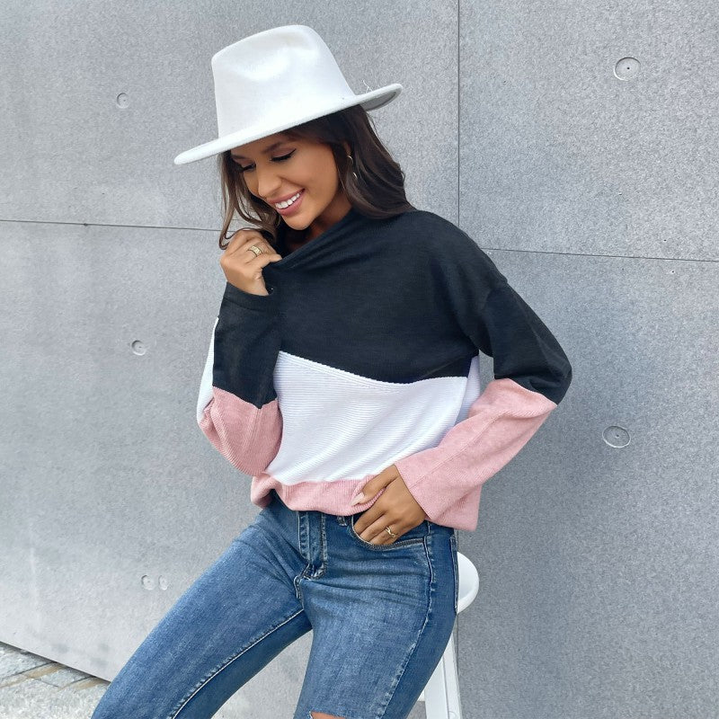 New women's knitted patchwork color semi-turtleneck long-sleeved sweater