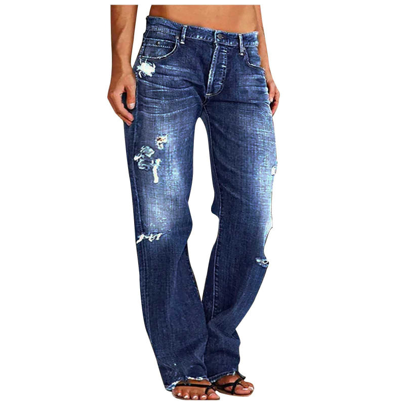 Women's denim pants trend mid-waist ripped casual straight-leg pants