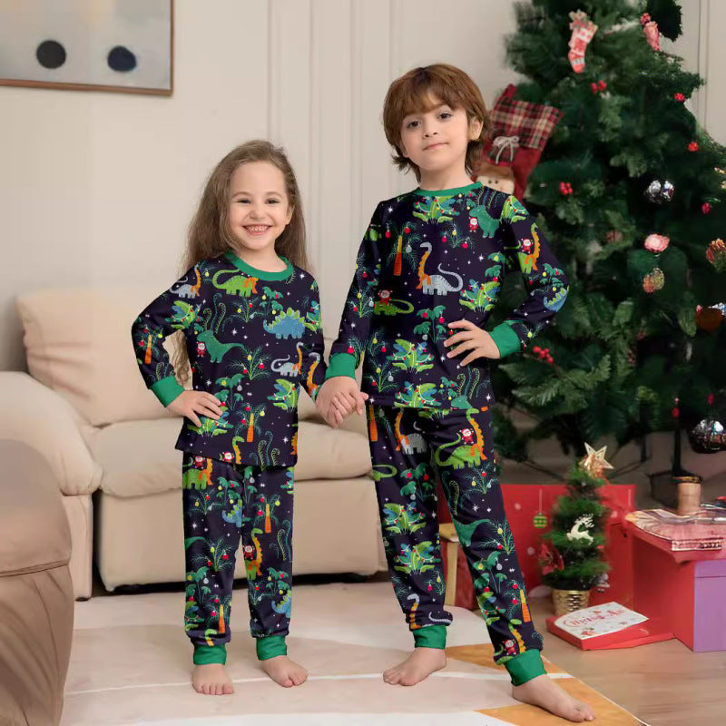 Cotton printed family boys and girls with dog Dinosaur Christmas family pajamas home wear