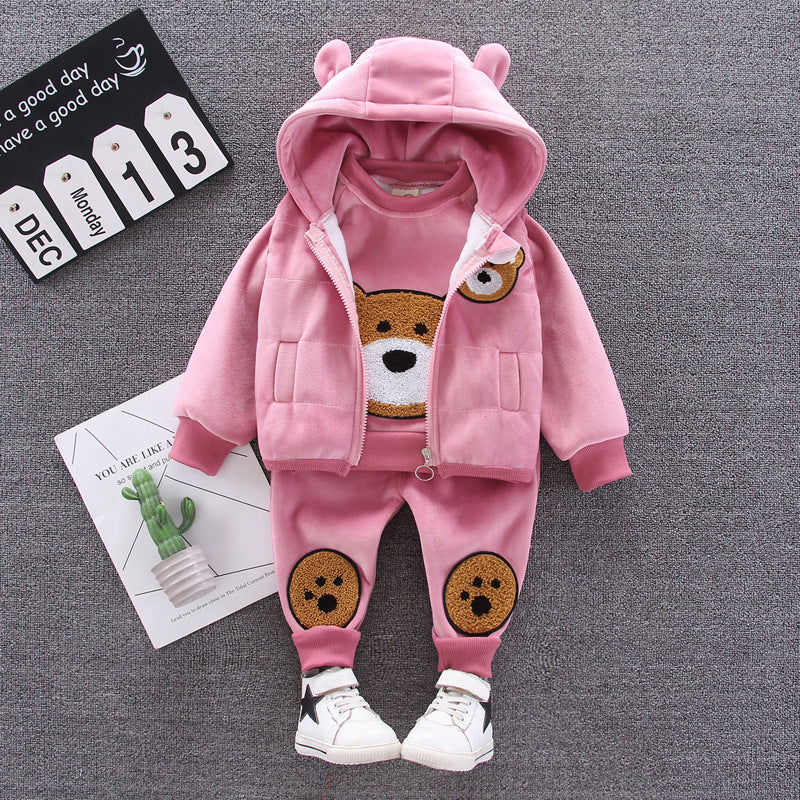 Children's winter new version cartoon velvet bear three-piece autumn and winter clothing for girls and boys