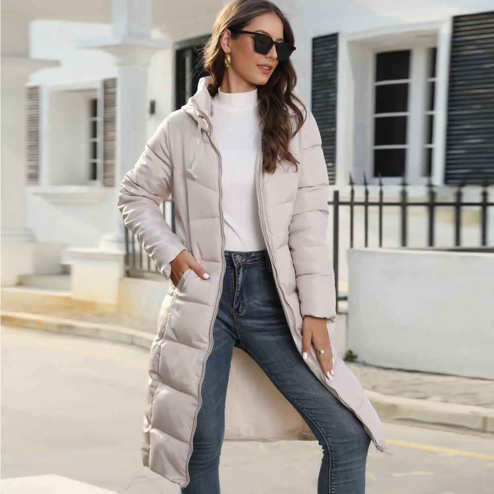 Winter hooded women's padded jacket mid-length slim padded jacket