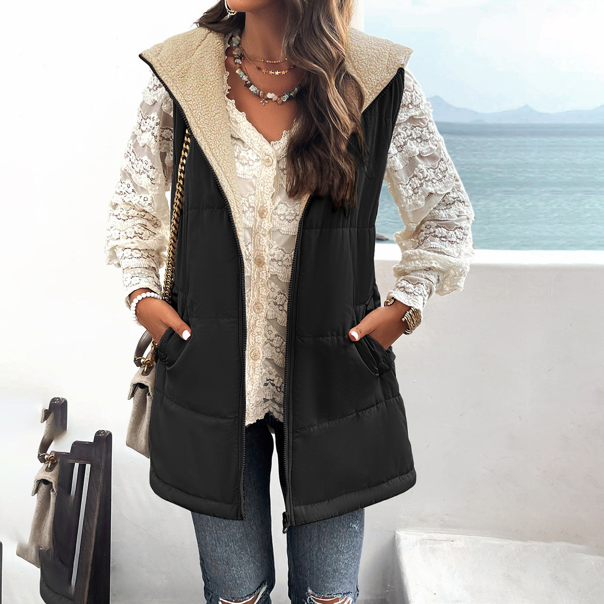 Cotton-padded women's loose commute long hooded coat