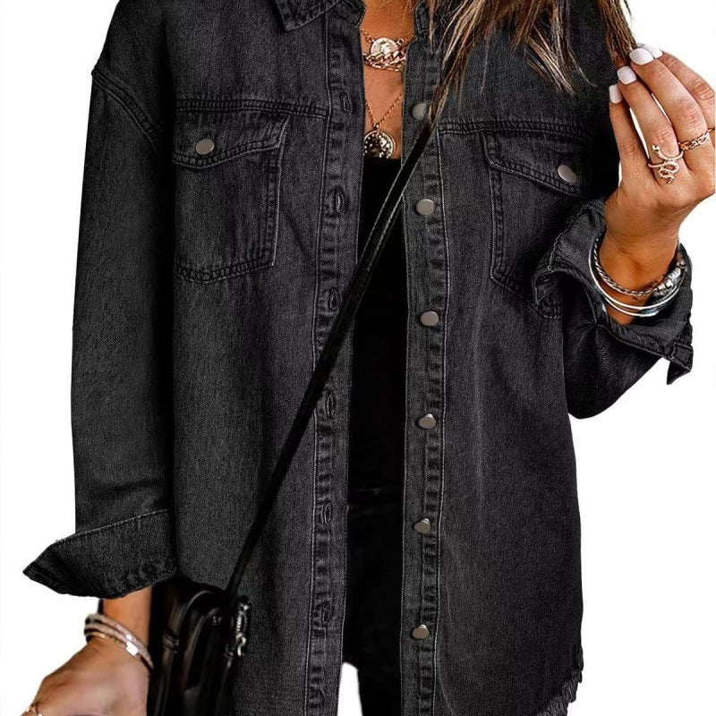 New wash denim shirt jacket lady Autumn Winter personality street wear hem coat lady