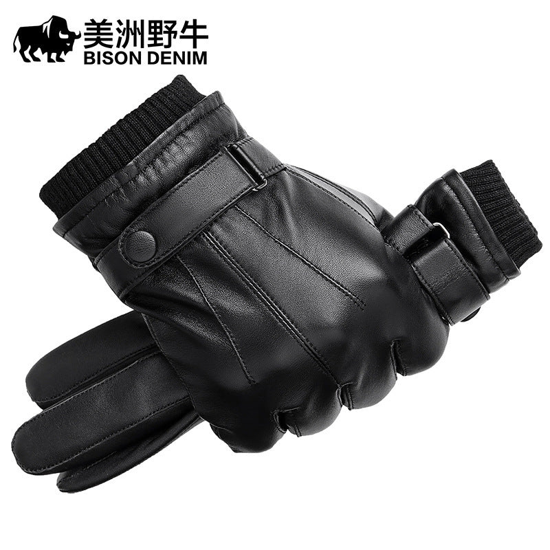 Bison sheepskin leather gloves fleeced to keep warm for men winter riding thick for winter riding motorcycles